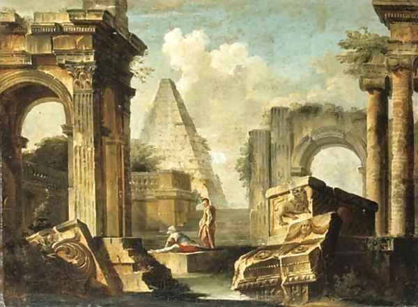 A capriccio of classical ruins with figures Oil Painting by Giovanni Paolo Panini