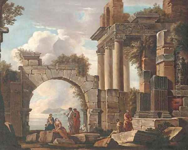 A capriccio of classical ruins with figures conversing, a lake beyond Oil Painting by Giovanni Paolo Panini