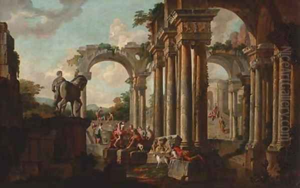 A capriccio of classical ruins with soldiers at a pool Oil Painting by Giovanni Paolo Panini