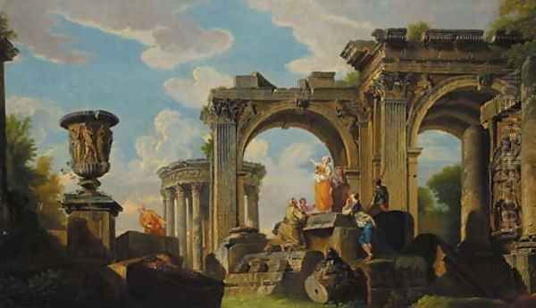 A capriccio of classical ruins, a temple, and an urn, with a sybil and other figures Oil Painting by Giovanni Paolo Panini