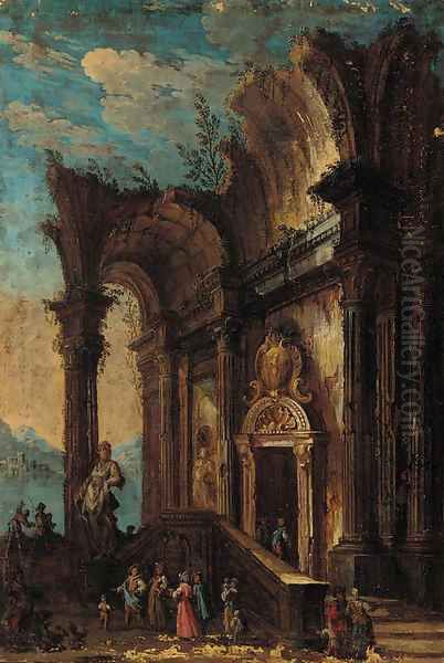 A capriccio of figures at a classical ruin Oil Painting by Giovanni Paolo Panini