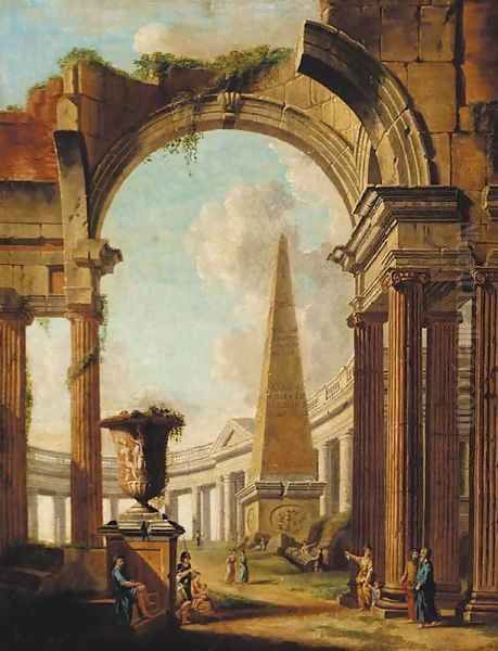 A capriccio of Roman ruins with a soldier and other figures Oil Painting by Giovanni Paolo Panini