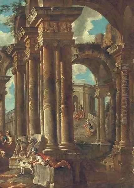 A capriccio of Roman ruins with soldiers and other figures Oil Painting by Giovanni Paolo Panini