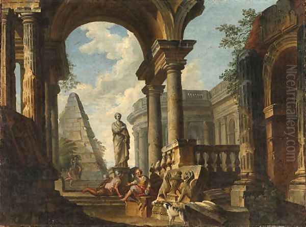 A Capriccio of Roman Ruins with Soldiers resting in the foreground Oil Painting by Giovanni Paolo Panini