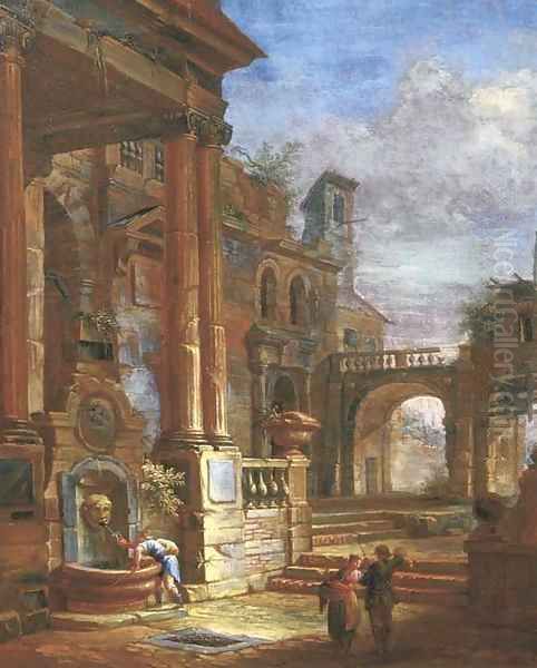 An architectural capriccio with figures by a fountain in a square Oil Painting by Giovanni Paolo Panini