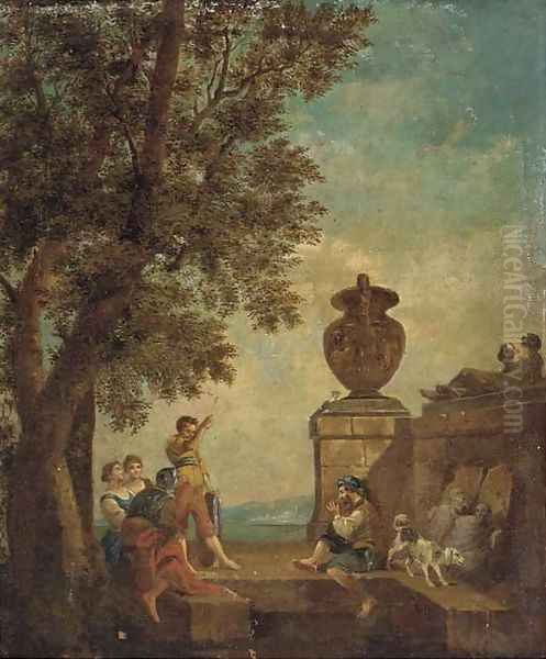 Figures conversing on a terrace with classical statuary Oil Painting by Giovanni Paolo Panini