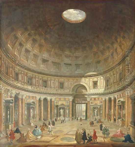 The interior of the Pantheon, Rome, looking north from the main altar towards the entrance Oil Painting by Giovanni Paolo Panini