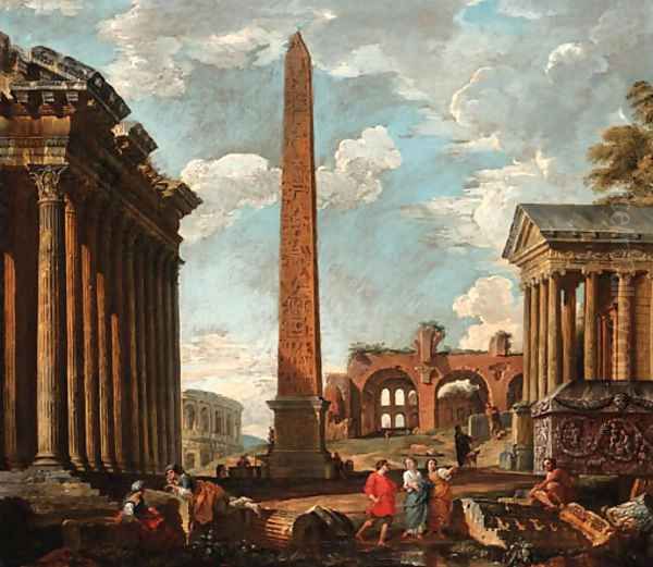 A capriccio of classical ruins with figures by the sarcophagus of Constantine, an obelisk Oil Painting by Giovanni Paolo Panini