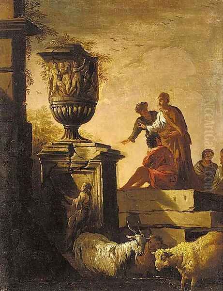 A capriccio of classical ruins with figures conversing before an urn Oil Painting by Giovanni Paolo Panini