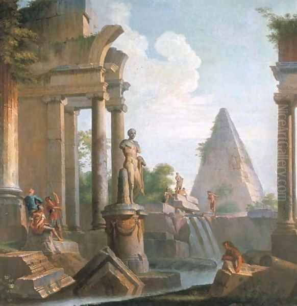 A capriccio of classical ruins with the Pyramid of Cestius Oil Painting by Giovanni Paolo Panini