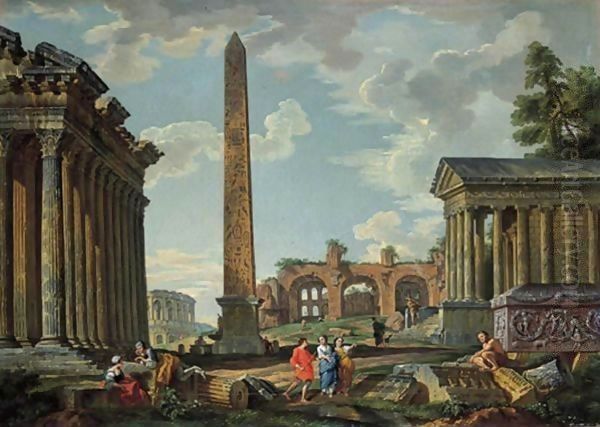 A capriccio with figures among the ruins of the Temples of Adrian and Fortuna Virile and an obelisk Oil Painting by Giovanni Paolo Panini