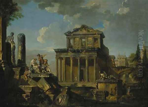 Soldiers listen to a philosopher on a pile of broken columns before the Temple of Antoninus Pius and Anna Galeria Faustina Oil Painting by Giovanni Paolo Panini