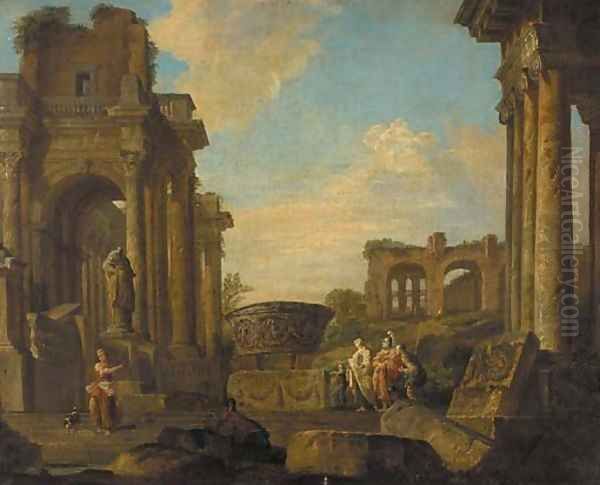 A capriccio of classical ruins with figures conversing Oil Painting by Giovanni Paolo Panini