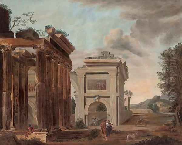 A capriccio of classical ruins with figures conversing 2 Oil Painting by Giovanni Paolo Panini