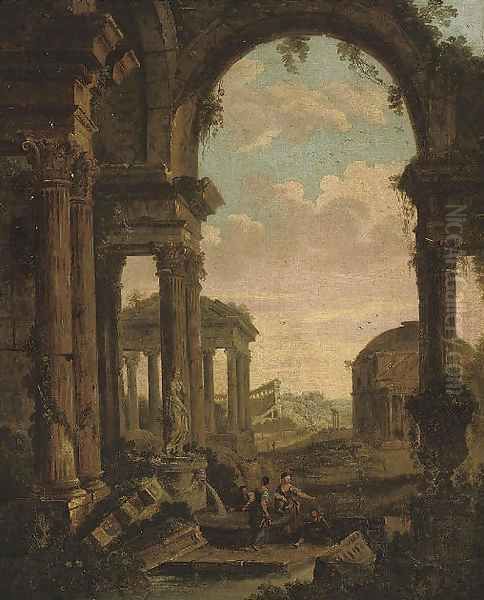 An architectural capriccio with figures amongst classical ruins, the Pantheon beyond Oil Painting by Giovanni Paolo Panini