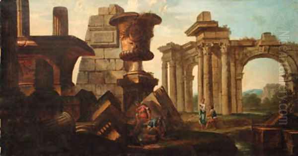 Figures amongst classical ruins Oil Painting by Giovanni Paolo Panini