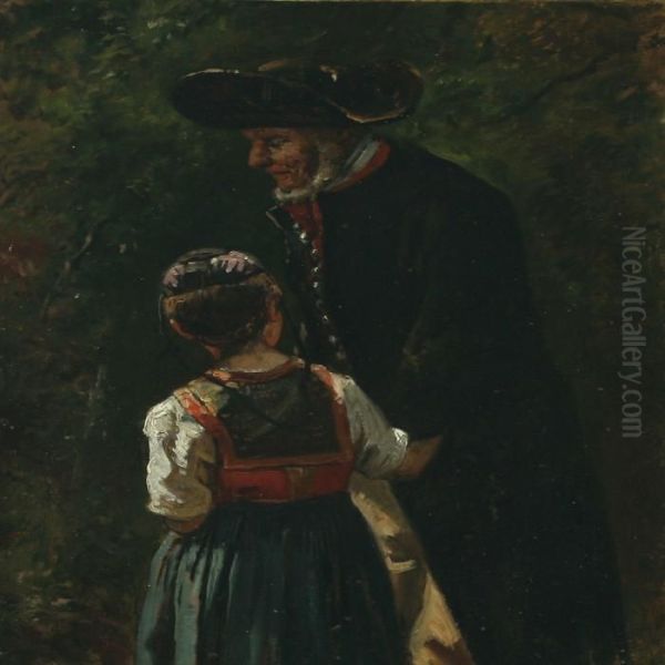 An Elderly Gentleman And A Young Girl In Regional Costume Are Holding Hands Oil Painting by Wilhelm Marstrand