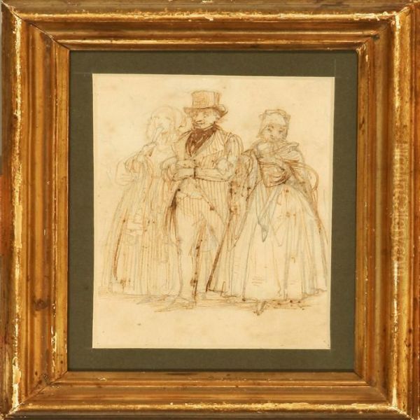 A Gentleman And Two Ladies Strolling Along Oil Painting by Wilhelm Marstrand