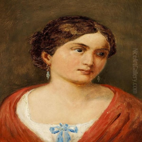 Portrait Of A Young Woman In A White Dress And Red Cape Oil Painting by Wilhelm Marstrand