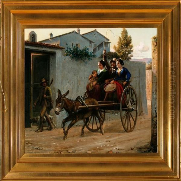 Italian Street Scenewith A Young Woman On A Donkey Cart Oil Painting by Wilhelm Marstrand