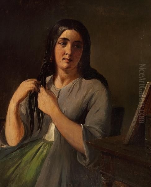 A Young Woman Strawing Her Dark Hair Oil Painting by Wilhelm Marstrand