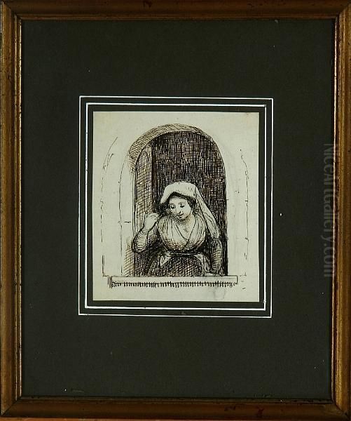 A Venetian Woman By The Window. 
Unsigned. Inscribed Verso W. Marstrand. Drawing Ink On Paper. Sheet Size
 12 X 10 Cm Oil Painting by Wilhelm Marstrand