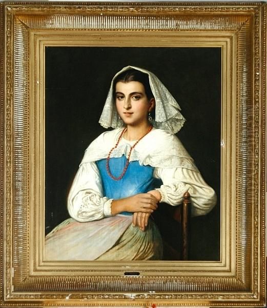 An Italian Woman In A Blue-grey Dress And A White Headsquare Oil Painting by Wilhelm Marstrand