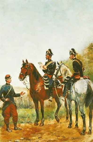 Police Officers on an Inspection Tour Checking a Serviceman in 1885 Oil Painting by Paul Emile Leon Perboyre