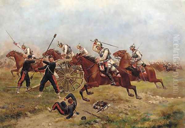 German cavalry charging French artillery Oil Painting by Paul Emile Leon Perboyre