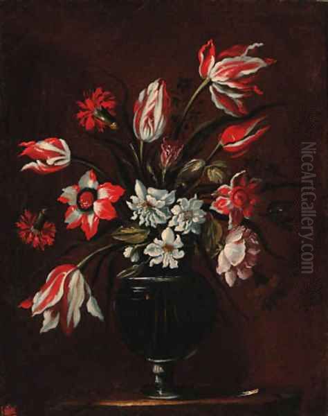 Carnations, tulips and other flowers in a glass vase on a ledge Oil Painting by Bartolome Perez