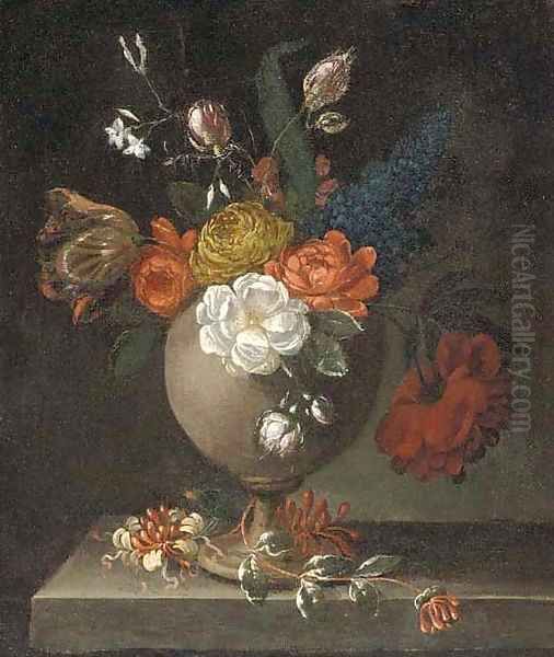 Roses, tulips and other flowers in a vase on a ledge Oil Painting by Bartolome Perez