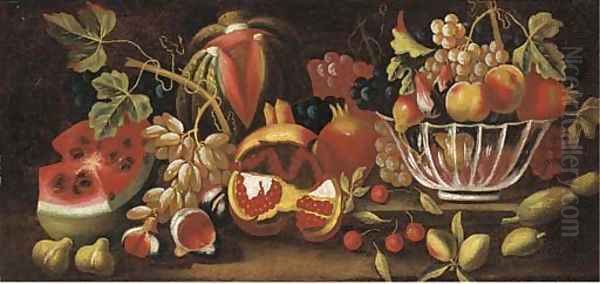 A watermelon, grapes, figs, pomegranate and a bowl Oil Painting by Bartolome Perez