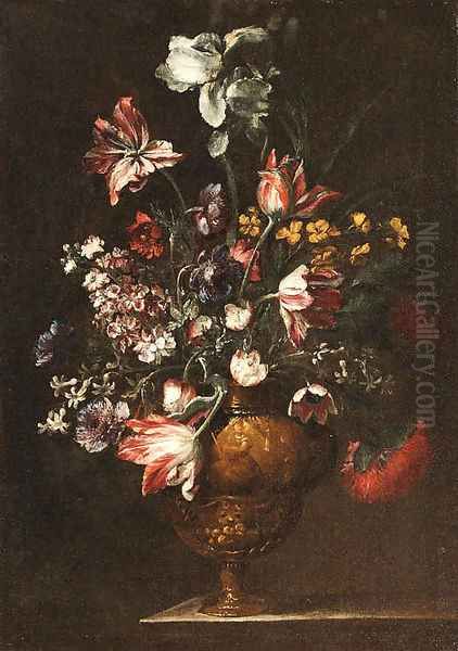 Tulips, Roses, Carnations and other Flowers in bronze Vases on stone Ledges Oil Painting by Bartolome Perez