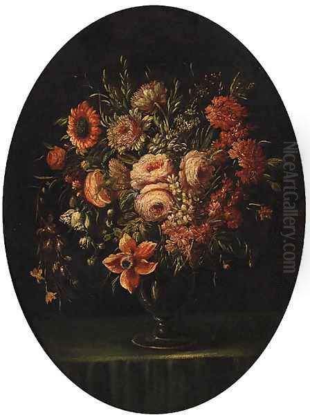 Roses, Carnations, Tulips and other Flowers in a glass Vase on a Ledge Oil Painting by Bartolome Perez