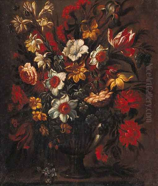 Tulips, daffodils, roses, carnations and other flowers in a vase, on a stone ledge Oil Painting by Bartolome Perez