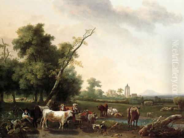 An extensive landscape with a peasant girl and a shepherd resting by a path, with cattle watering at a stream, a village beyond Oil Painting by Pierre Alexandre Pau de Saint-Martin