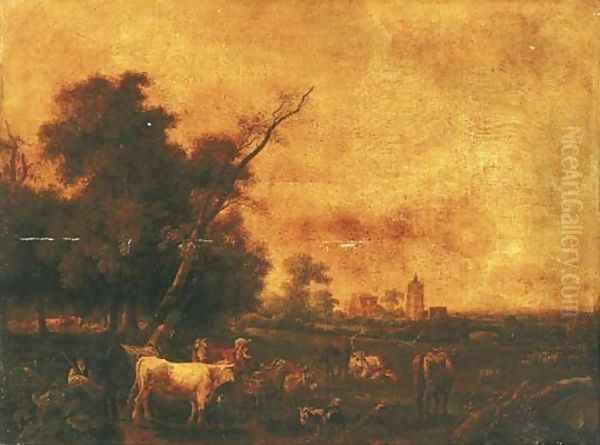 An Italianate landscape with peasants and their herds in a landscape, a town beyond Oil Painting by Pierre Alexandre Pau de Saint-Martin