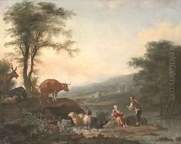 A river landscape with a shepherd, his family and their cattle Oil Painting by Adam Pynacker