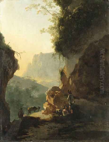 An Italianate landscape with peasants resting on a mountain path Oil Painting by Adam Pynacker