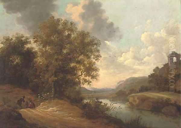 Figures on a path in a river landscape with a hilltop ruin beyond Oil Painting by Adam Pynacker