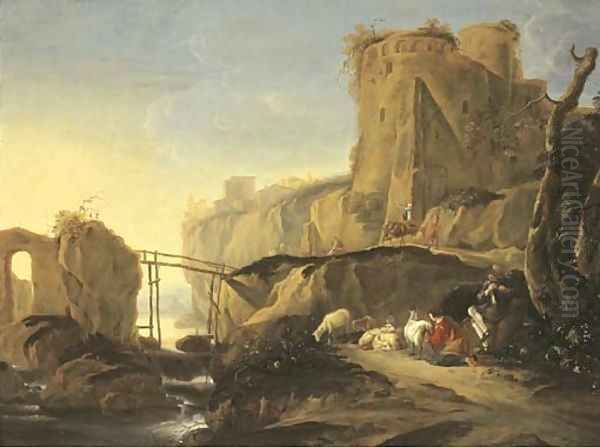 An Italianate mountain landscape with a shepherd and shepherdess resting by a river with their flock, travellers nearby Oil Painting by Adam Pynacker