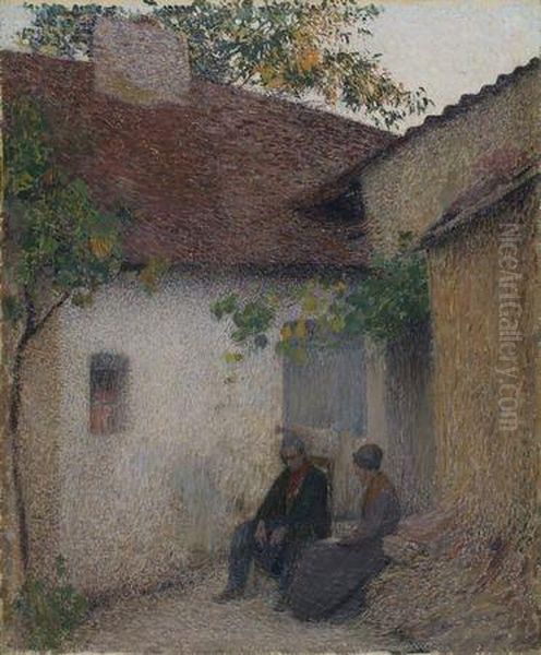 Couple En Conversation Devant La Ferme Oil Painting by Henri Martin