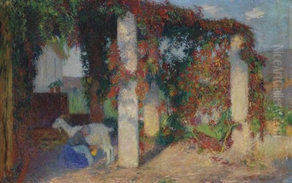 Jeune Fille Trayant Une Chevre Sous Une Pergola De Marquayrol Oil Painting by Henri Martin