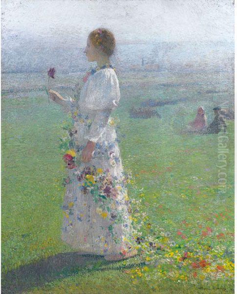 Belle Jeune Fille Marchant A Travers Les Champs Une Fleur A Lamain Oil Painting by Henri Martin