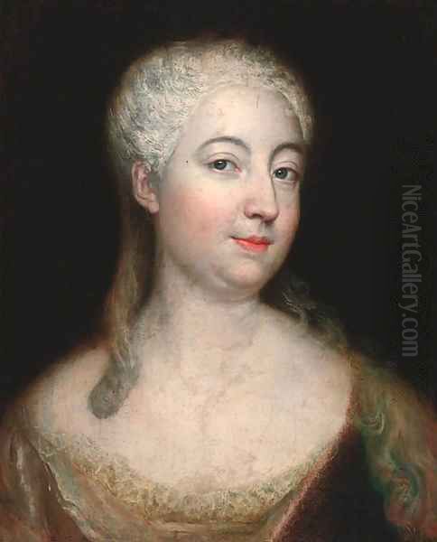 Portrait of a lady, bust-length, in a red dress with lace trim Oil Painting by Antoine Pesne