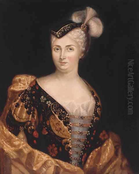 Portrait of a lady, bust-length, wearing a finely embroidered dress, a wrap and a feathered hat. Oil Painting by Antoine Pesne