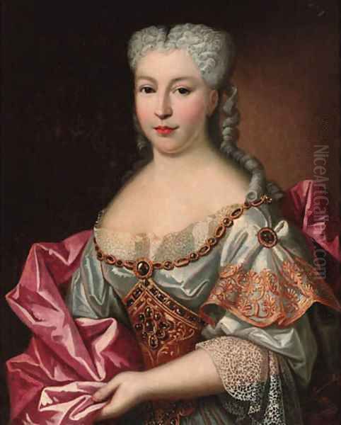 Portrait of a lady, half-length, wearing a white embroided dress with lace trim and a pink wrap Oil Painting by Antoine Pesne