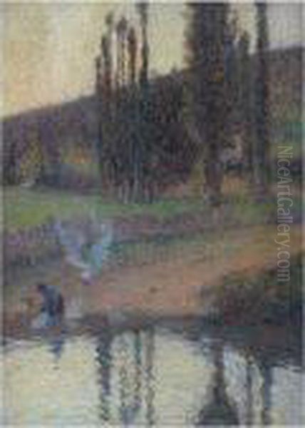 Lavandiere A Genoux Aux Bords De L'eau Oil Painting by Henri Martin