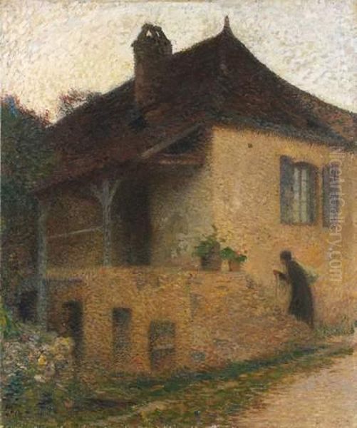 Femme Avec Un Baluchon Montant Des Marches Accedant Au Porche D'une Maison Oil Painting by Henri Martin