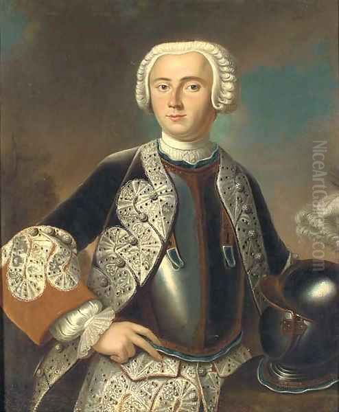 Portrait of Friedrich, Margrave von Brandenburg-Bayreuth (1711-1763), half-length, wearing a grey coat with white facings Oil Painting by Antoine Pesne